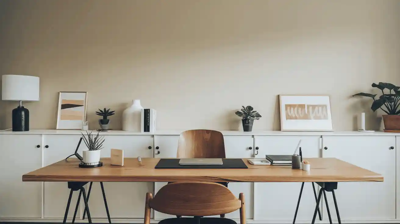 A well-organized, minimal desk workspace with soft natural lighting and neutral tones
